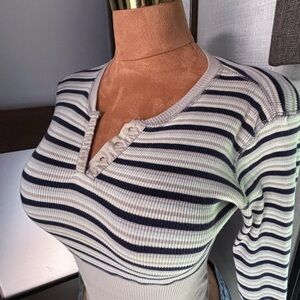 Tommy Hilfiger Cream and Navy Striped Long Sleeve Ribbed Henley